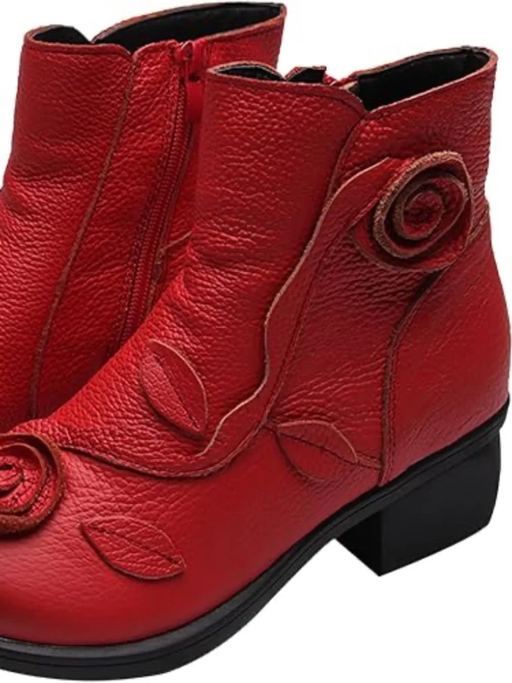 NWOT Red Genuine Leather Ankle Boots Floral Appliqué, Round Toe, Block Heel 8.5